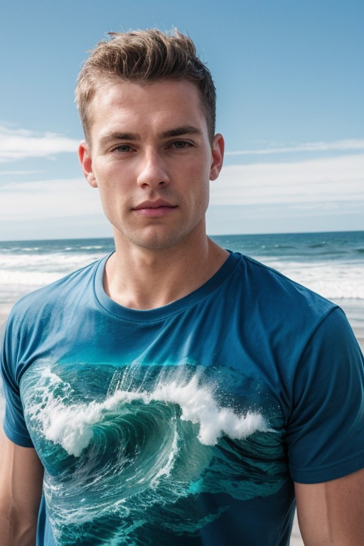 australian man, face, <lora:T-shirtsMale:0.3>, t-shirt, ocean waves print